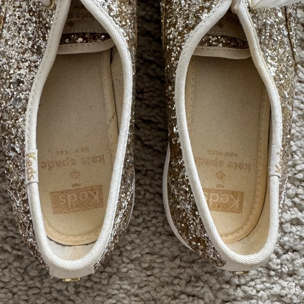 kate spade Glittered Lace-Up Sneakers in Gold and White